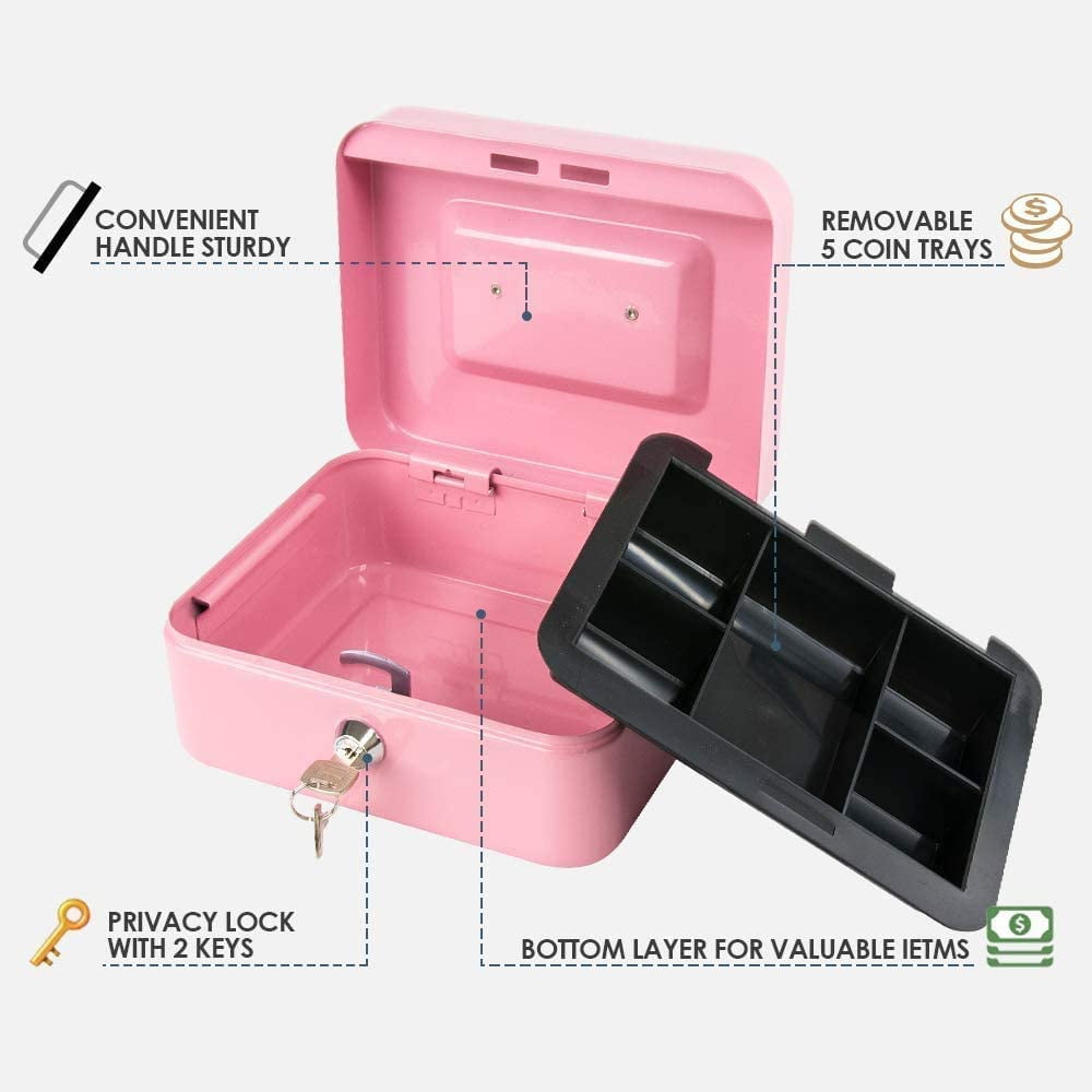 Locking Steel Medium Cash Box with Removable Coin Tray and Key Lock,7.87"x 6.30"x 3.54",White