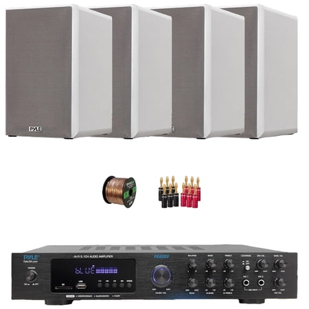 Pyle PDA8BU 5.1 Channel Bluetooth USB/AUX MP3 Player SD/FM Radio Home Audio Receiver with Remote Control, 4x 6.5” 240W Max Power 2-Way HiFi Home Theater Bookshelf White Speakers, Wire, Banana Plugs
