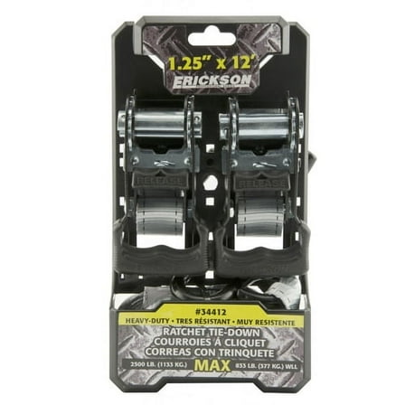 Erickson Pro Series Ratchet Strap - Rubber Handle, S-Hooks - 2 Pack, 1-1/4"x12", Gray