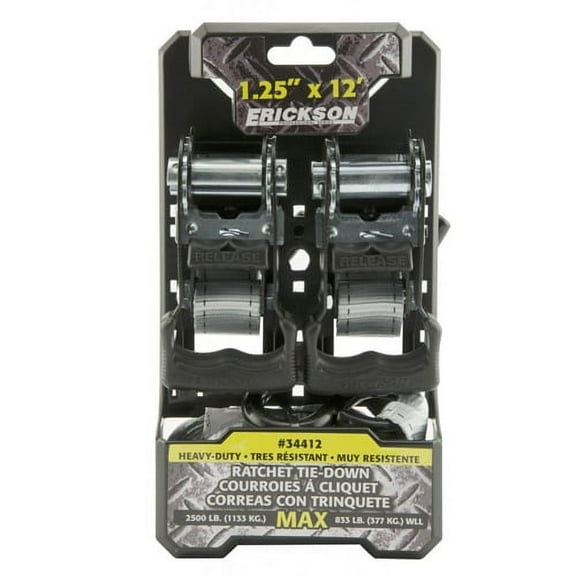 Erickson 34412 Pro Series Grey 1-1/4-Inch x 12-Inch Rubber Handle Ratcheting Tie-Down Strap