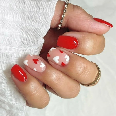 Aurgiarme 24 Pcs Heart Artificial Nails Valentines Day False Nails Simple Stick on Nails Short Square Press On Nails for Holiday
