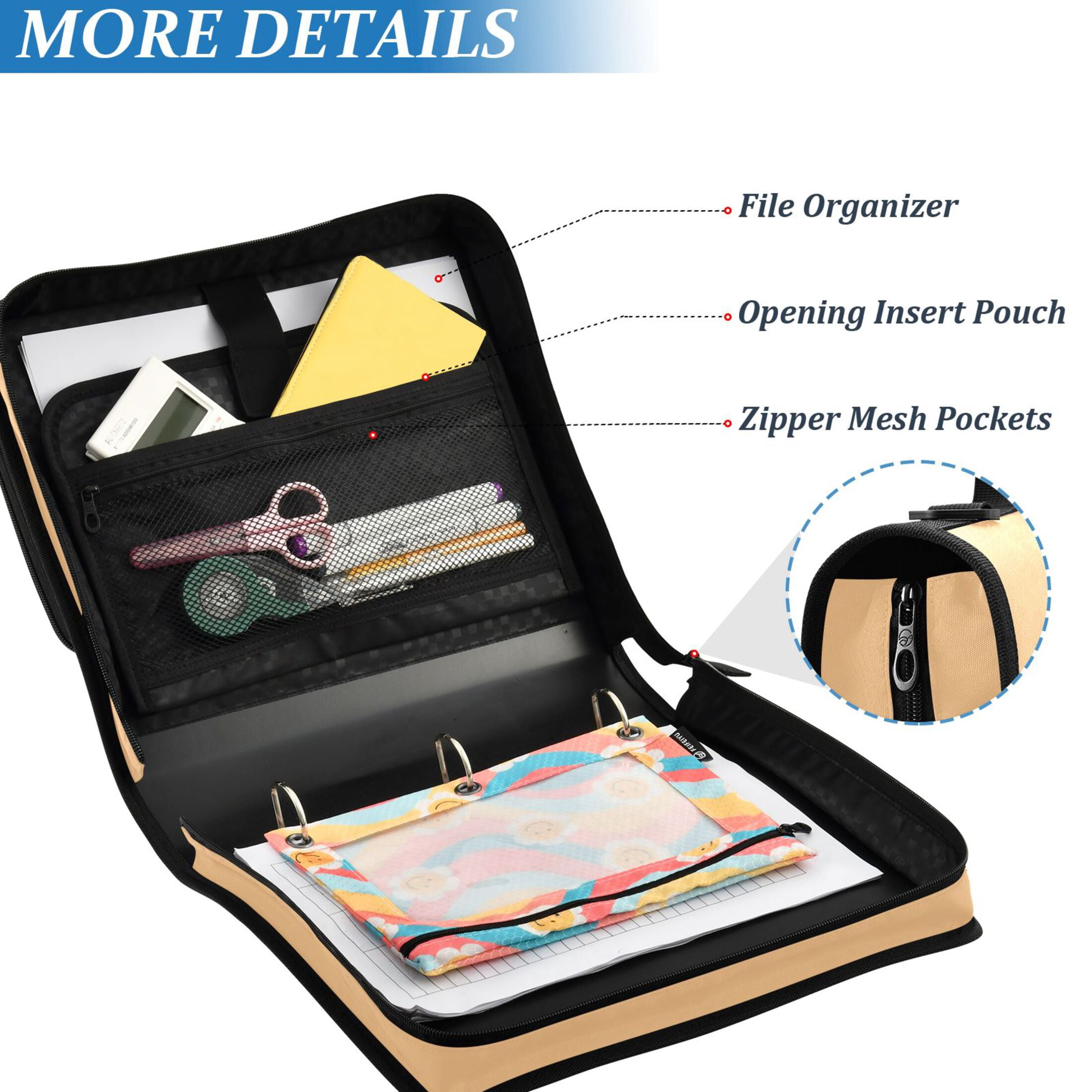 3 Ring Zipper Binder with Shoulder Strap Waterproof Trapper Keeper 2 Inch D-Ring 500 Sheets Capacity Pale Orange