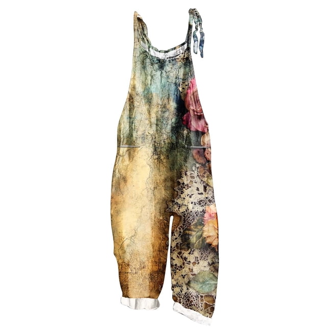 yoeyez Combishort d'Été pour Femmes, Combishort Rétro Imprimé Sans Manches et Dos Nu pour Femmes, Salopette Décontractée à Jambes Larges avec Bretelles Ajustables, Combinaisons Combishorts Combinaison avec Poches Multicolore, G