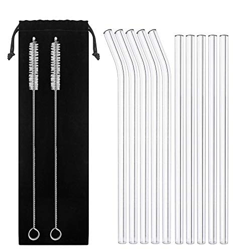 DanziX Extra Clear 10 L x 10 mm Size Smoothie Straws for Milkshakes Frozen Drinks 10 Pack Reusable Glass Drinking Straws Smoothies Bubble Tea with 2 Cleaning Brush- 5 Straight,5 Bent 