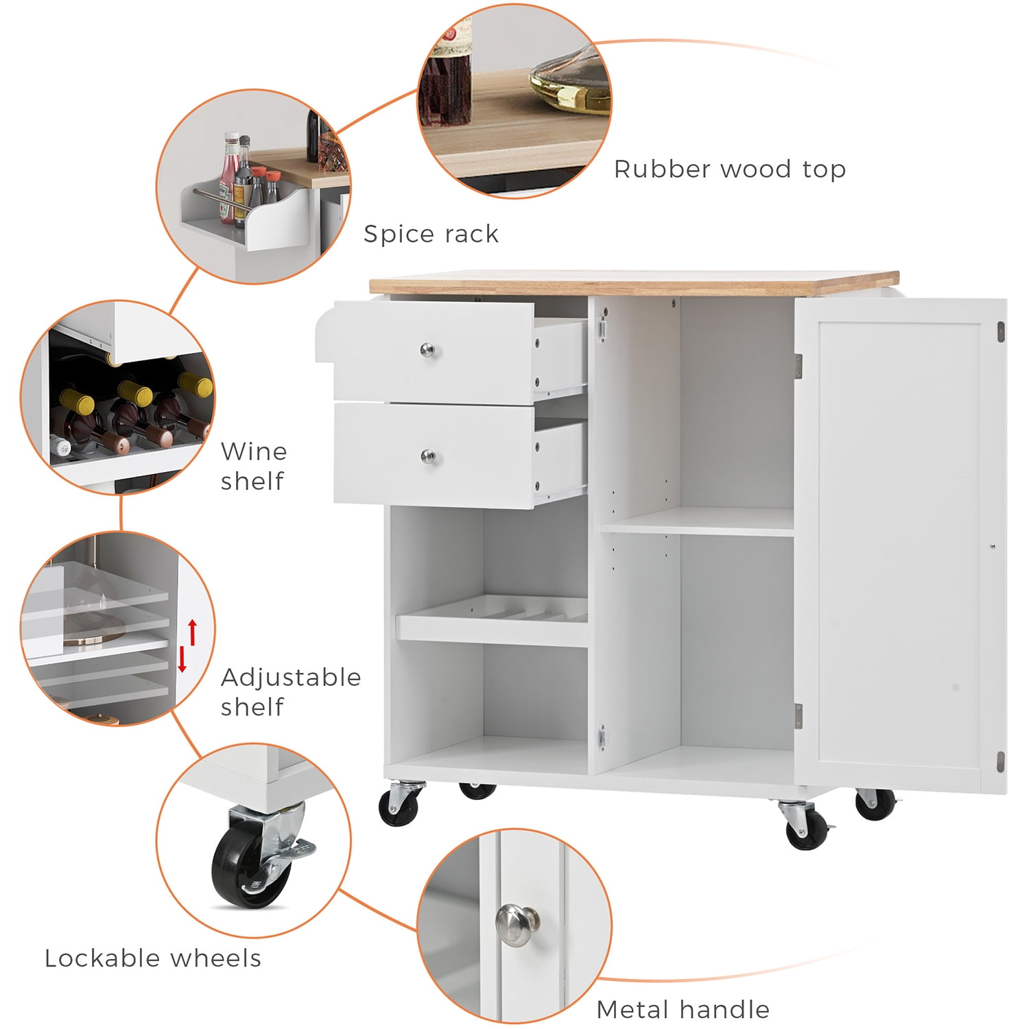 Kepooman Kitchen Cart with Spice Rack, Towel Rack & Two Drawers, Kitchen Island on Wheels for Your Daily Food Preparation, White Kepooman Kitchen Cart with Spice Rack, Towel Rack & Two Drawers, Kitchen Island on Wheels for Your Daily Food Preparation, White
