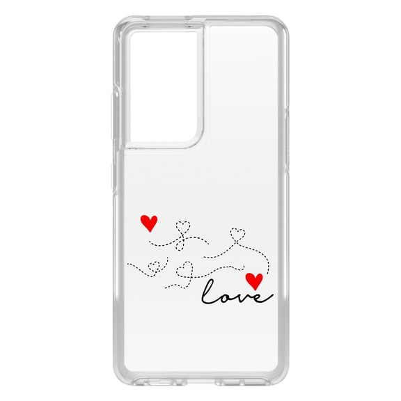 DistinctInk Clear Shockproof Hybrid Case for Galaxy S21 ULTRA 5G (6.8" Screen) - TPU Bumper Acrylic Back Tempered Glass Screen Protector - Love Heart Flourish Black & Red