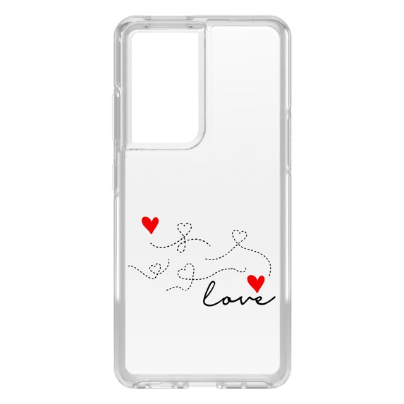 DistinctInk Clear Shockproof Hybrid Case for Galaxy S21 ULTRA 5G (6.8" Screen) - TPU Bumper Acrylic Back Tempered Glass Screen Protector - Love Heart Flourish Black & Red