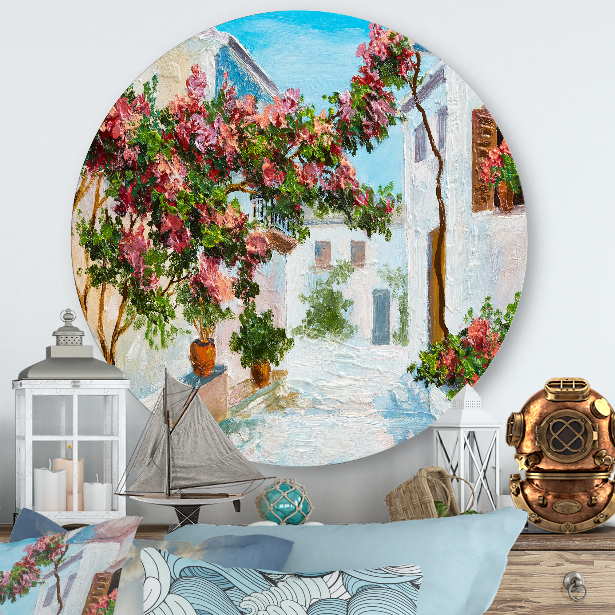 Designart 'Blossoming Flowers With White House Near The Sea' Nautical & Coastal Circle Metal Wall Art 23x23 - Disc of 23