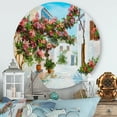 thumbnail image 2 of Designart 'Blossoming Flowers With White House Near The Sea' Nautical & Coastal Circle Metal Wall Art 23x23 - Disc of 23, 2 of 5
