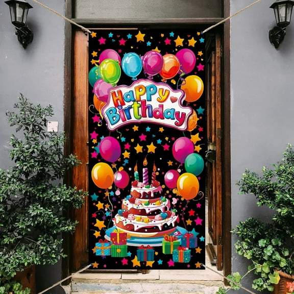 1 Pc Happy Birthday Door Cover Birthday Party Door Banner Cake Balloon Gift Backdrop Sign Polyester Background for Party Decoration Supplies 35.4x72.8 inch(90x185cm)