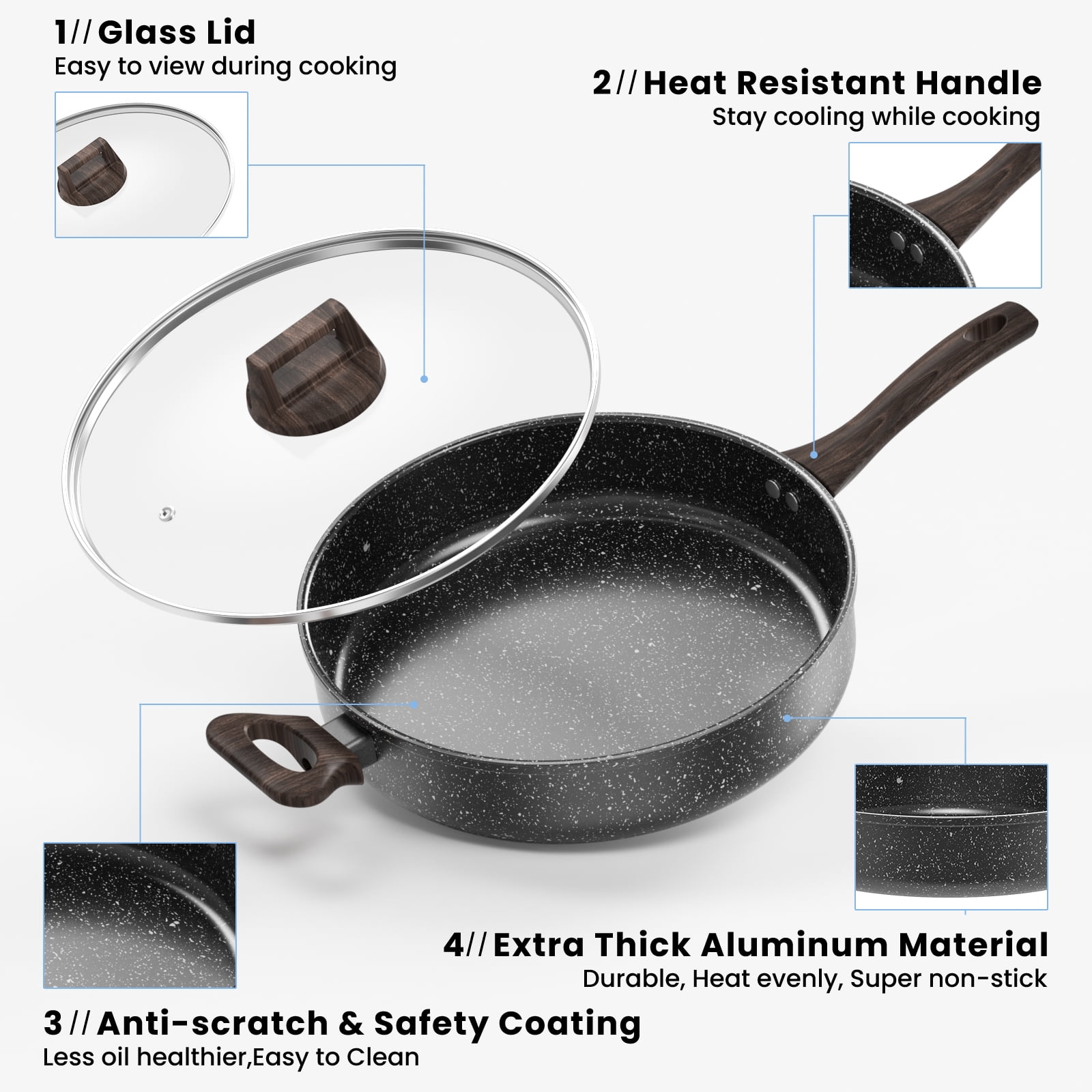 Nonstick Frying Pan Skillet with Lid, 12 Inch Deep Frying Pan, 5 Qt Saute Pan with Bakelite Handle, Kitchen Cooking Pan Skillet, Compatible with All Stovetops (Gas, Electric & Induction)