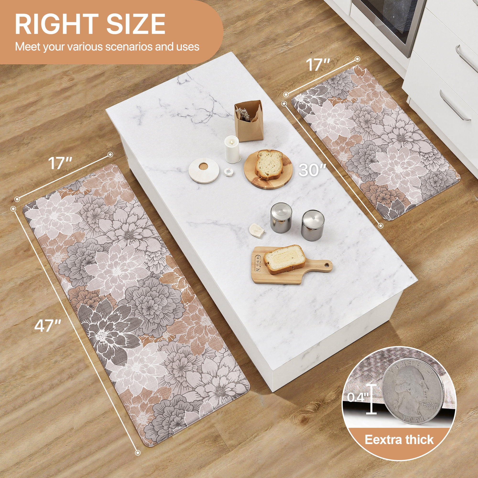 KUETH Kitchen Mats for Floor, Kitchen Rug with Anti Fatigue, Non Slip Washable Kitchen Rug, Set of 2 Kitchen Mat 17"x47"+17"x30", Runner Rug with Waterproof for Bathroon and Bedroom