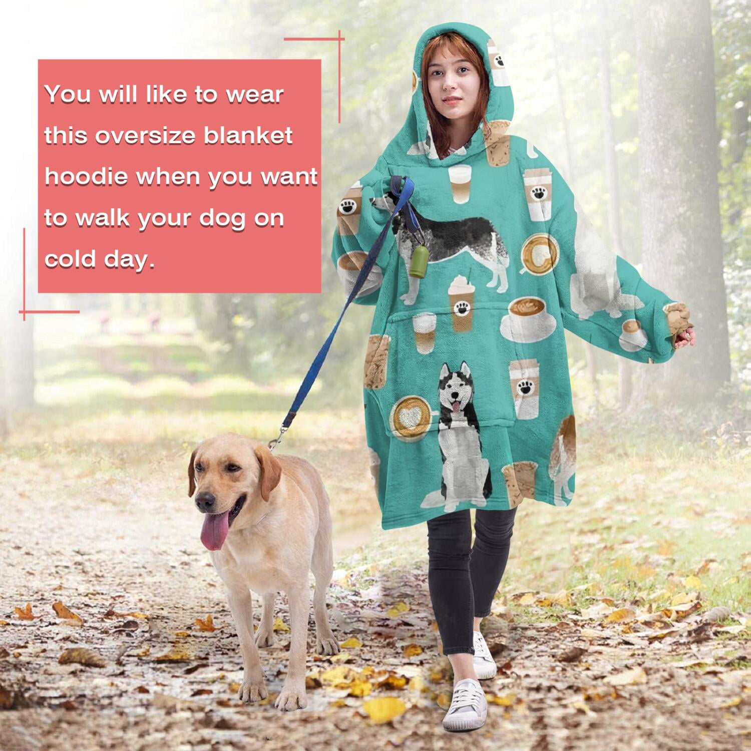 Husky and Coffee Wearable Oversized Blanket,Wearable Blanket Hoodie for Adults,Cozy Hooded Blankets with Super Pockets,Super Warm Fuzzy Pullover for Women & Men