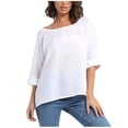 thumbnail image 1 of T-Shirt Court en Lin Uni à Manches 3/4 Col Rond Décontracté pour Femmes Grandes Tailles, 1 of 6