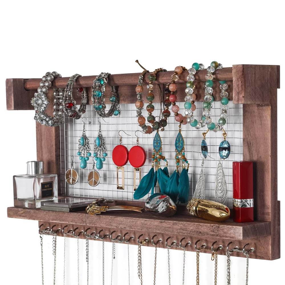 Lowestbest Wall Mounted Jewelry Stand with 16 Hooks, Perfect Earrings, Necklaces, Brown