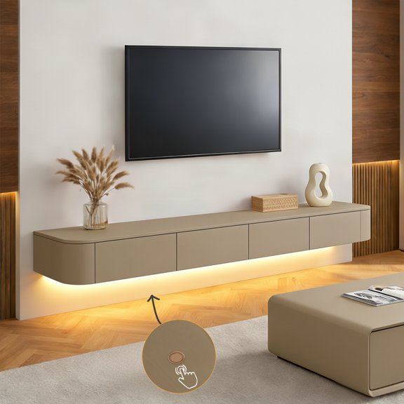 Modern Floating TV Unit with LED Lighting | Wall-Mounted Entertainment Media Console | Large Storage TV Bench for Living Room & Office (Khaki, 94.4'')