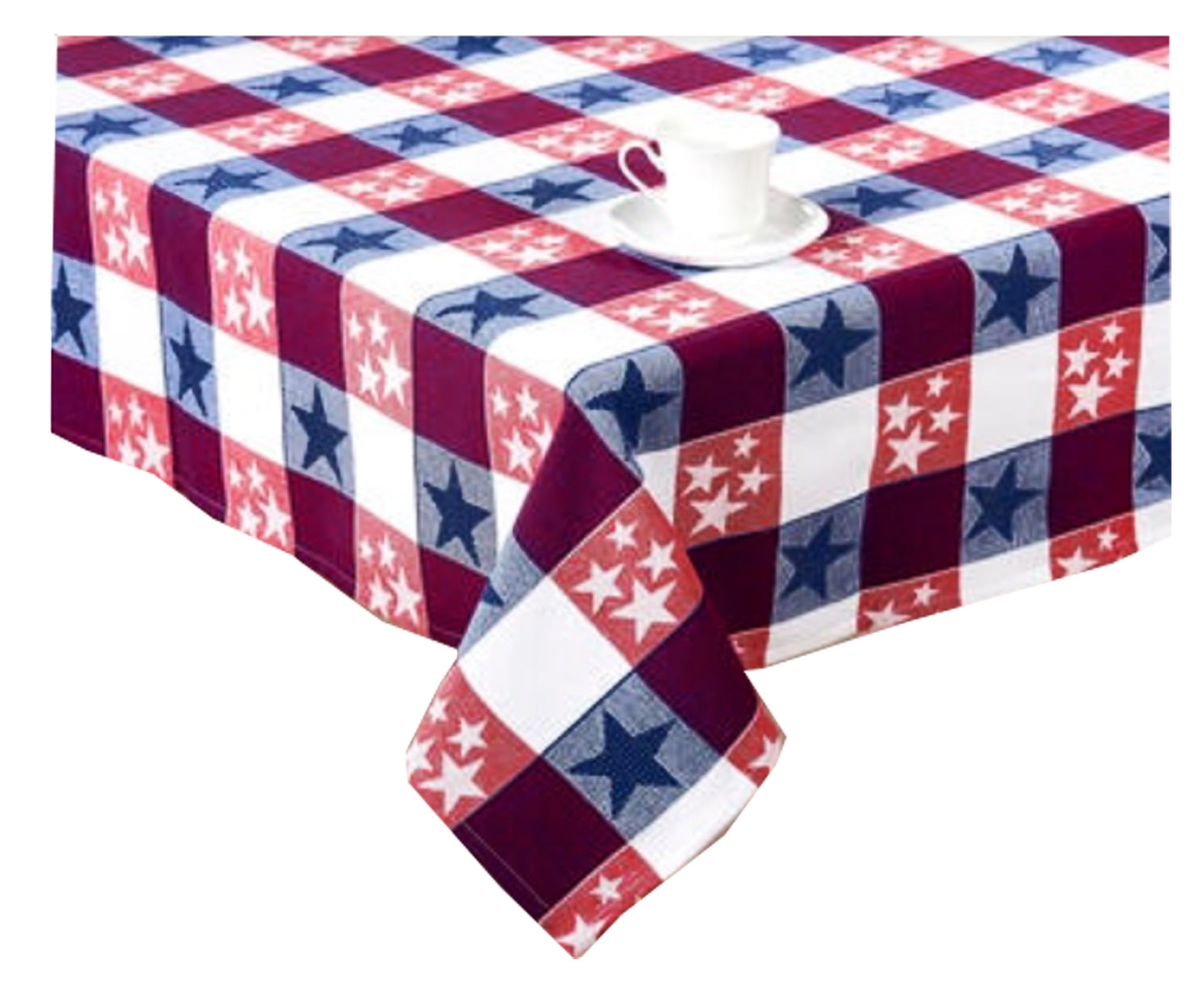 Red White Blue Woven Blocks Stars Tablecloth Fabric Cottage Classic (60