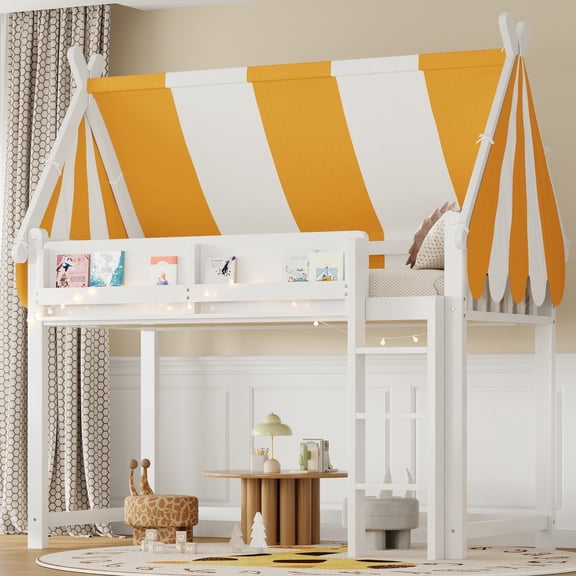 Noble House Sidney Twin Size Loft Bed with Canopy and LED Lights, Wood Loft Bed with Bookshelf, Playful Design, White