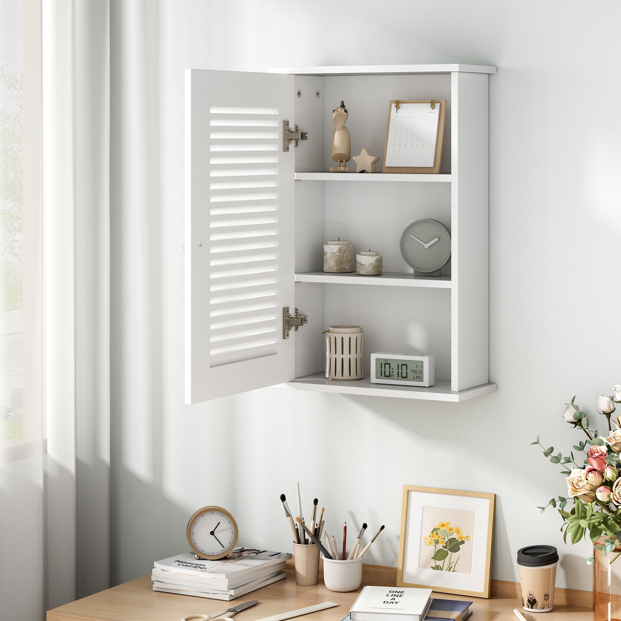 JAXPETY White 3-Tier Bathroom Wall Storage Cabinet with Single Louvered Door, Bathroom Medicine Cabinet, Adjustable Shelf Over-The-Toilet Organizer