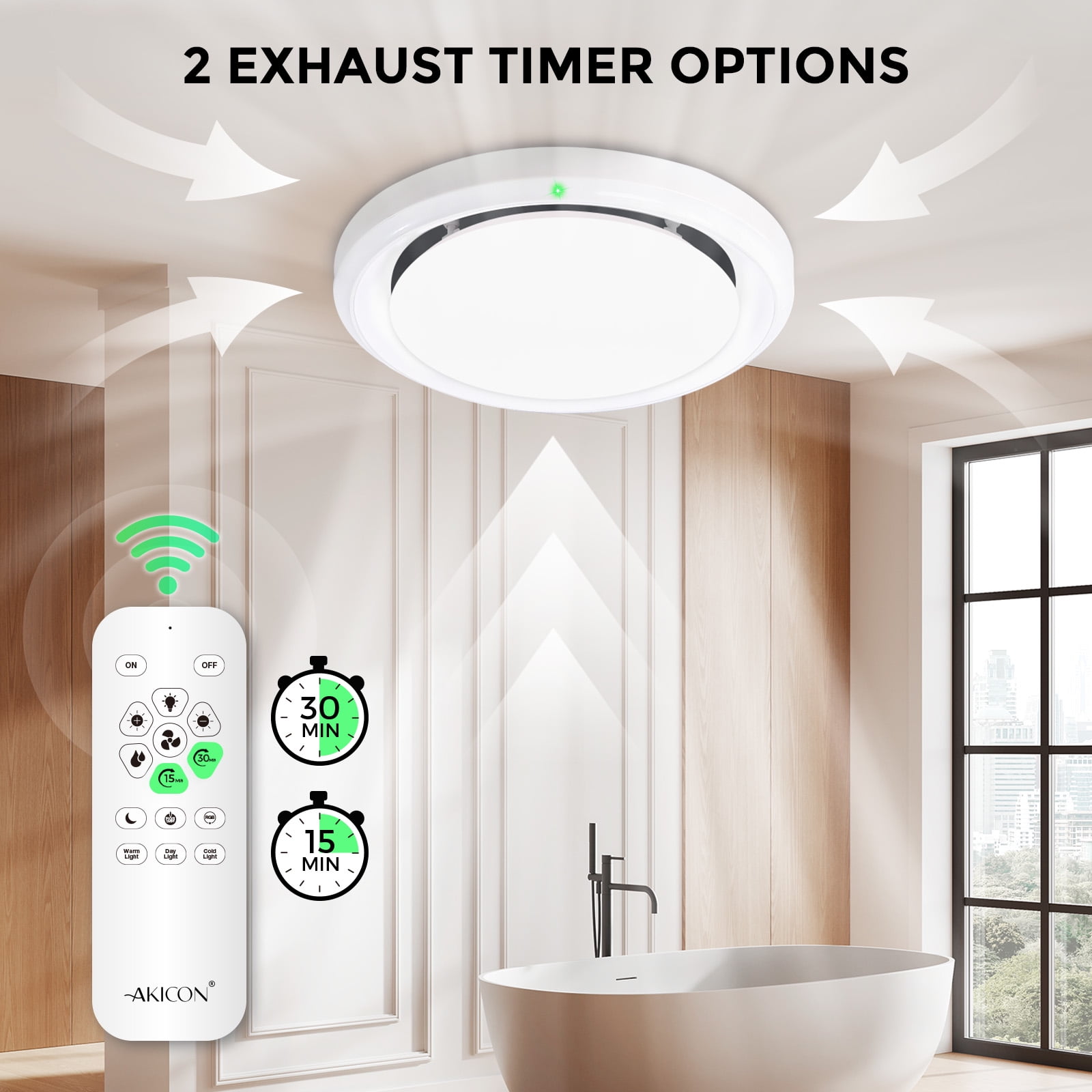 Akicon Bathroom Exhaust Fan with Humidity Sensor, 110 CFM 1.5 Sones Vent Fan with RGB Light, 3CCT Dimmable LED Light & Nightlight for Shower Room, Round, White