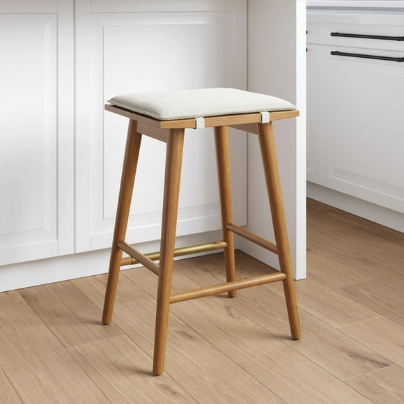 Nathan James Barker Counter Height Solid Wood Barstool with Upholstered Cushion Backless Island Stool with Rubberwood Legs and Natural Textured Linen Upholstery for Kitchen Brown/Cream Boucle
