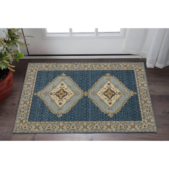 HomeRoots 575965 3 x 5 ft. Medallion Rectangle Area Rug, Blue & Gold