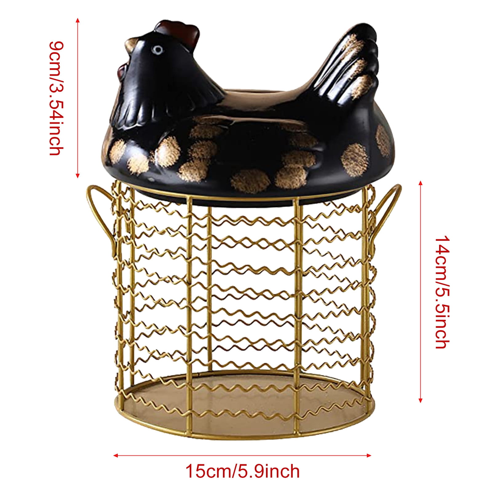 Wozhilaka Storage Box Colorful Design Eggs Basket Ceramic Chicken Shaped Lid Round Wire Basket Bottom Handle Metal Wire Eggs Storage Basket with Ceramic Farm Chicken Cover Farmer Style