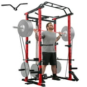 ELEVTAB Power Rack Cage, Squat Rack with LAT Pulldown System, 1200LB Capacity Weight Cage Home Gym with 360° Landmine, Dip Bars, Band Peg, Gym Equipment (Upgraded)