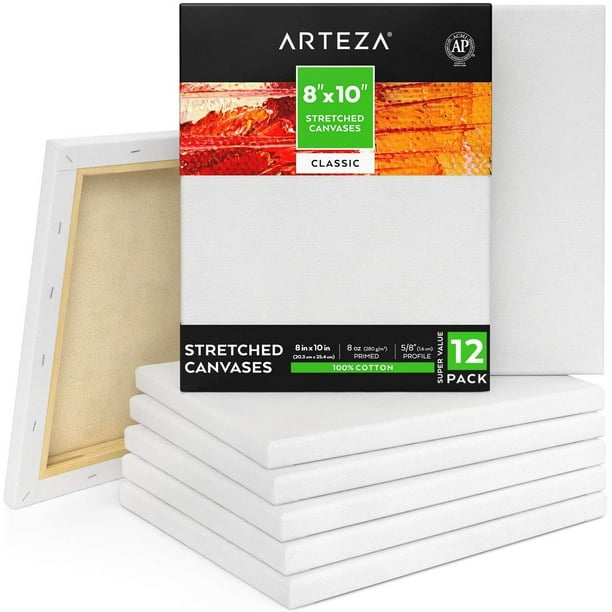 Arteza Stretched Canvas, Classic, White, 8"x10", Blank Canvas Boards
