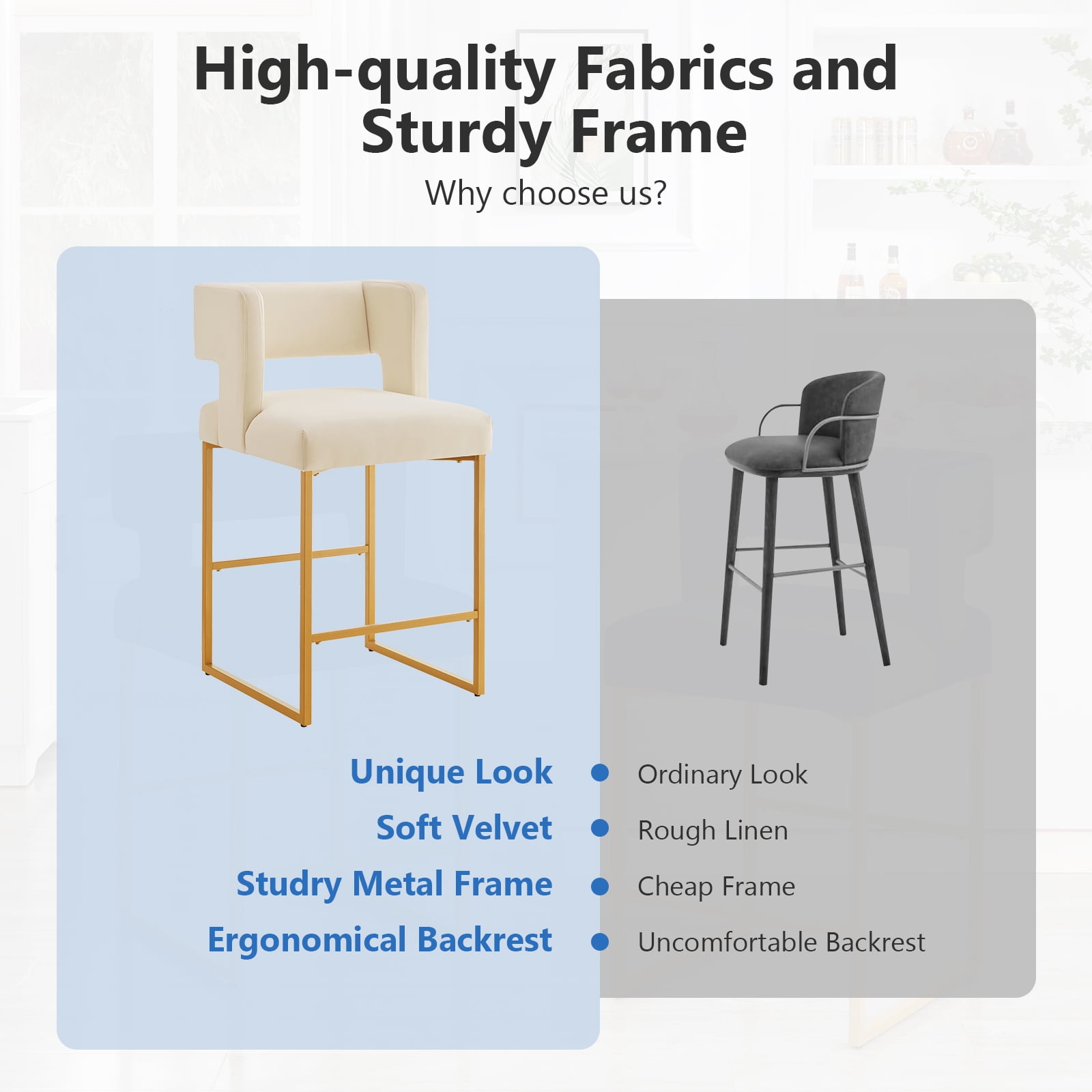 Lecut 26" H Counter Height Bar Stools Set of 2, Modern Velvet Bar Stools with Square Open Backrest and Gold Metal Frame, Kitchen Counter Stools for Island, Home Bar, Pub,Beige+Gold