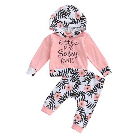 

One opening 2 Pcs Newborn Casual Outfits Infant Long Sleeve Letter Print Hooded Top Plant Pattern Trousers