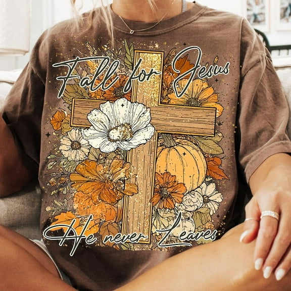 Fall for Jesus He Leaves T-Shirt, Christian Autumn Tee, Coquette Bow Pumpkin Shirt, Cute Faith-Based Fall Graphic Top