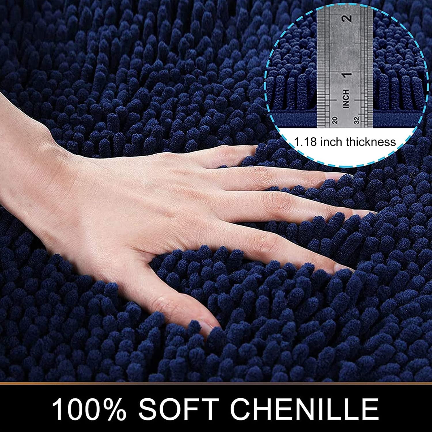 ASTARIN Extra Thick Striped Chenille Bath Rugs, Soft Chenille Bathroom Mats, Non Slip Absorbent Machine Washable Rugs for Shower Floor, Tub and Shower, Luxury Shaggy Bath Rugs (20"x32", Navy)