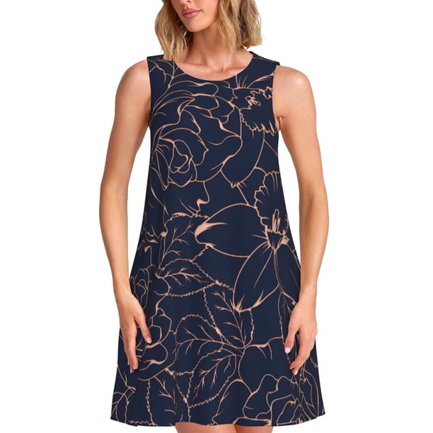 Balery Copper-Gold Gloss Outline Flower Vestidos de verano para mujer con estampado: vestido holgado sin mangas, vestido playero informal y cómodo para días calurosos.