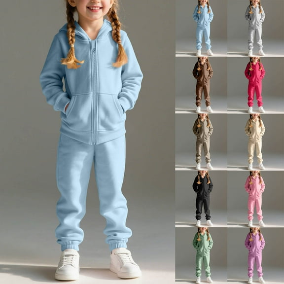 Loopsun Toddler Sweatsuit Sets, Boys and Girls Solid Velvet Long Sleeve Hooded Zipper Sports Casual Tops and Pants Two Piece Set Blue,4-5 Years