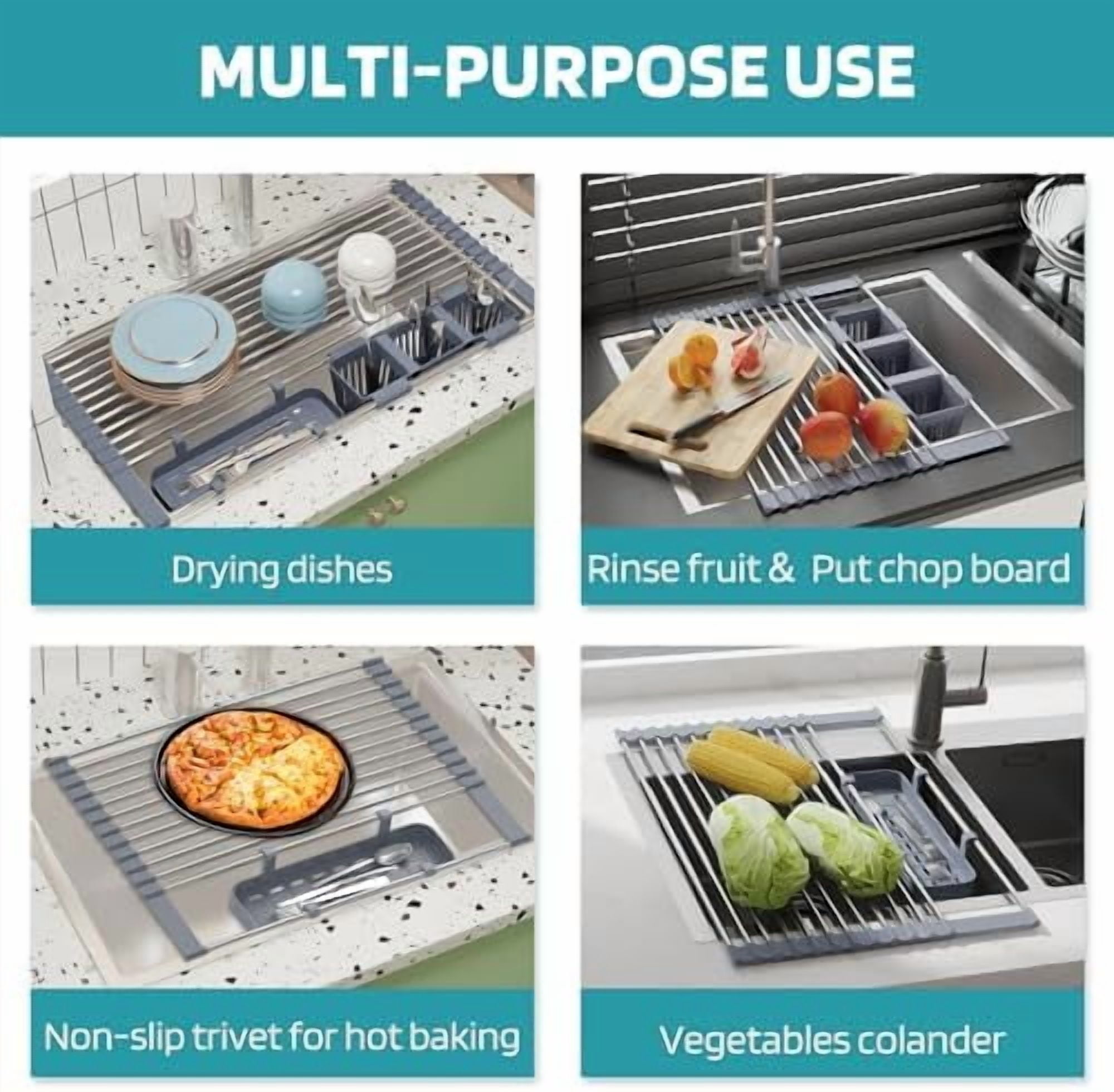 Expandable Roll Up Dish Drying Rack Up to 22.8''with 2 Storage Baskets,Over The Sink Kitchen Rolling up Dish Drainer Drying Rack, Foldable,Rollable,for Kitchen Dishes(Expandable Width Size)