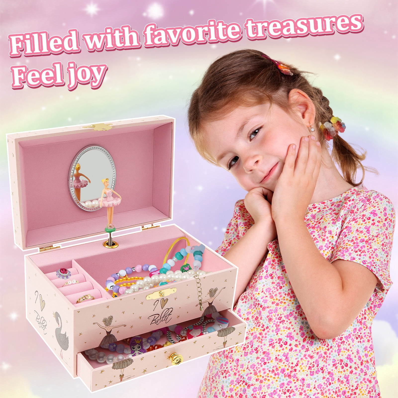 Musical Jewelry Storage Box Decorative Jewelry Organizer Box with Drawer Bracelet Ring Holder Case for Girls Kids Present