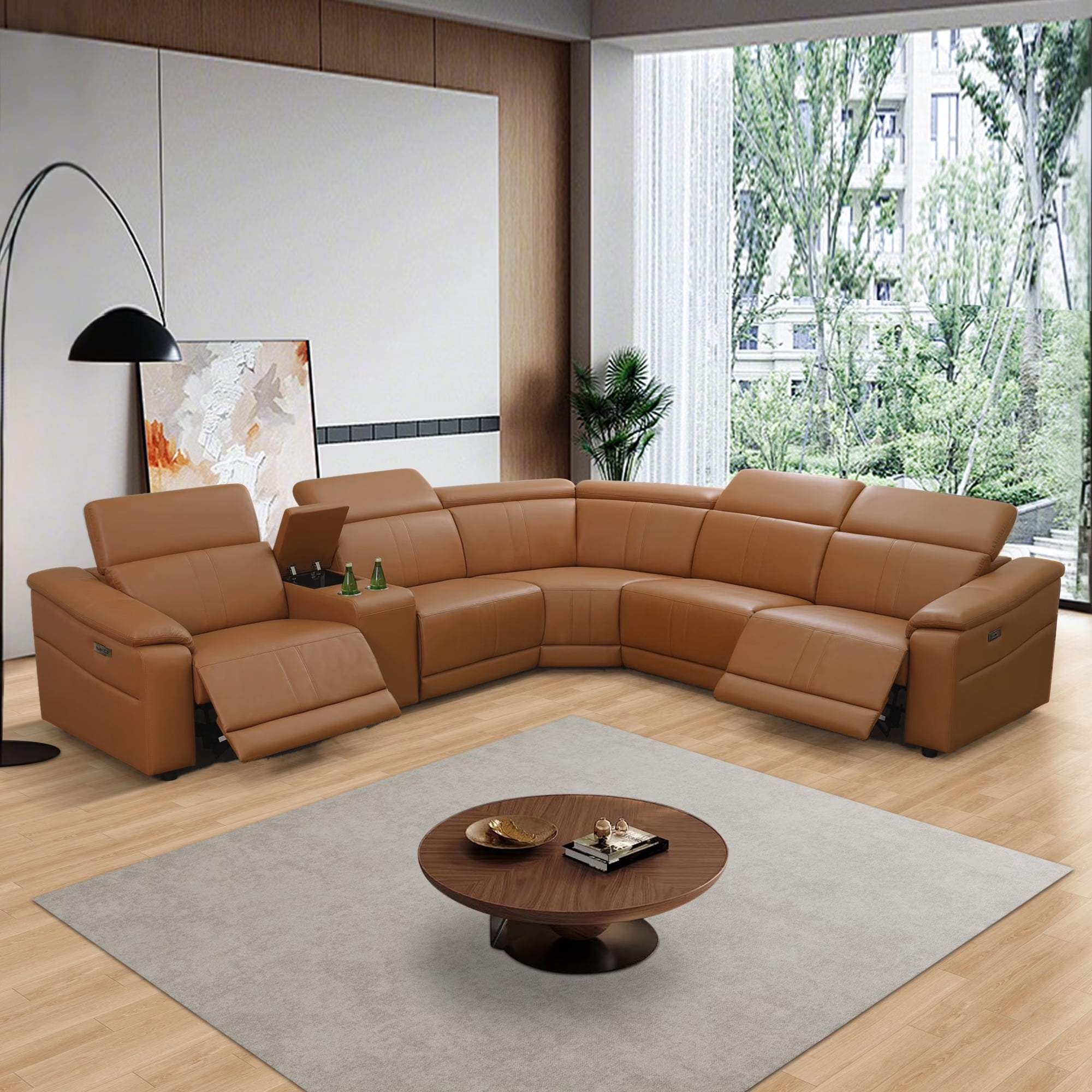 Gewnee Light Brown Air Leather Power Reclining Sofa with Storage, Cup Holders, USB Charging and LED Lights, Solid Wood Frame, for Living Room