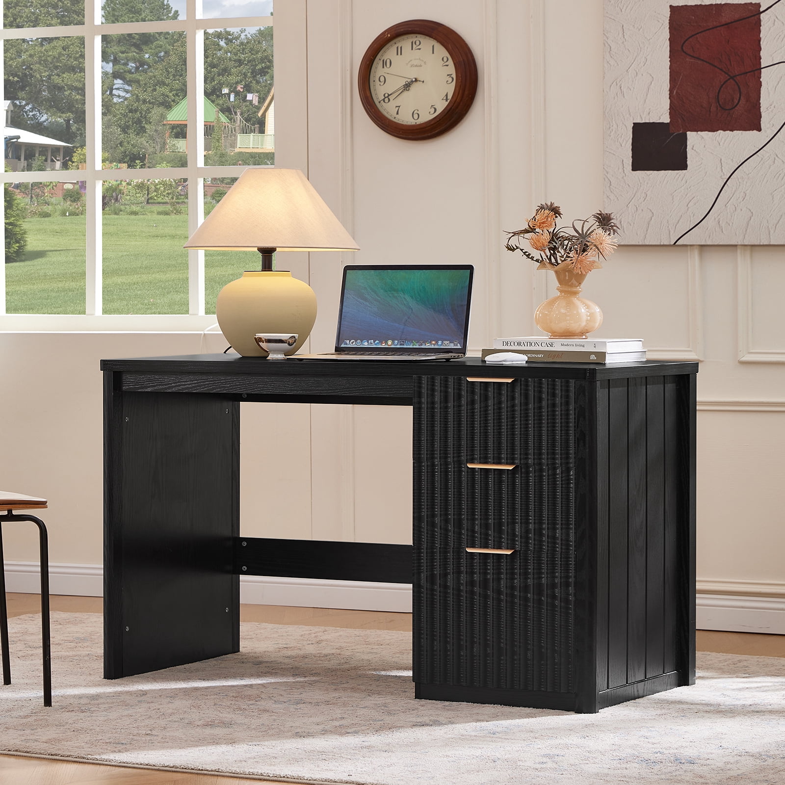 Joaxswe 48" Computer Desk with 3 Drawers, Fluted Wood Home Office Desk, Farmhouse PC Desk for Study, Bedroom, Black