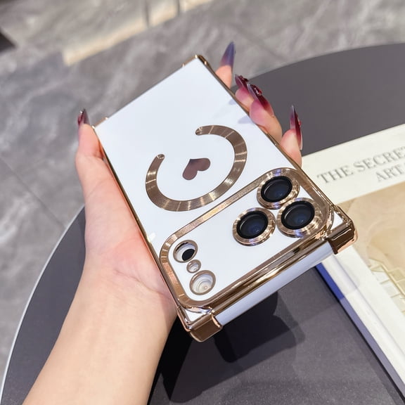 Magnetic Love Heart Case for iPhone 17 Pro Max, Compatible with MagSafe, Fashion Plated Slim Lightweight Phone Cover for Women Girls Lens Protector Anti-Scratch Cute Case, White