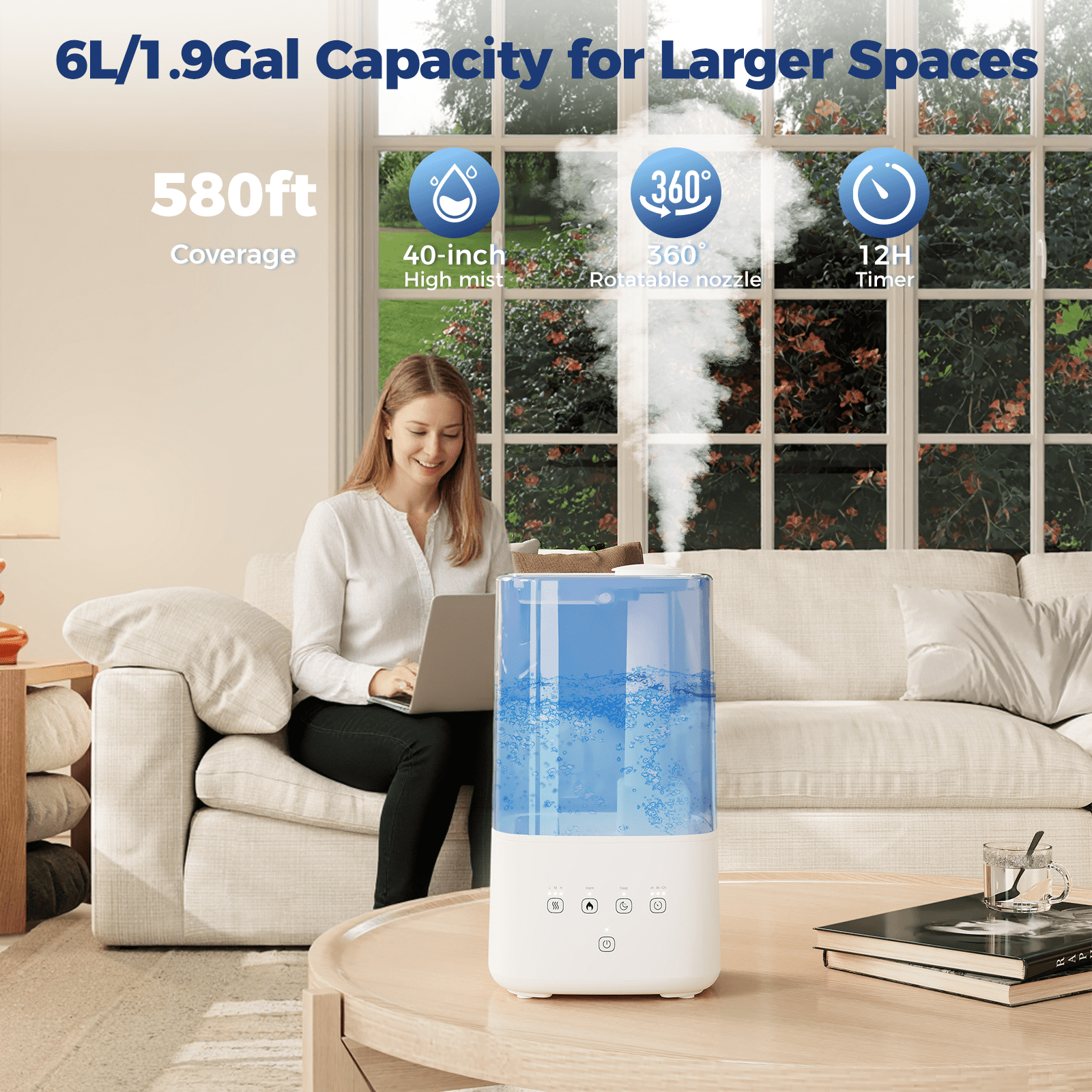 6L Warm & Cool Mist Humidifiers for Bedroom, Top Fill Air Humidifier, 60H Runtime, 28dB Quiet Operation, Automatic Shut-off Switch, 12H Timer, for Home, Office