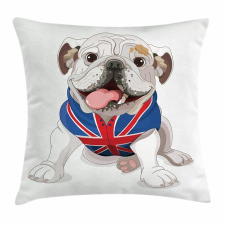 Union Jack Cushions (English Bulldog Throw Pillow Cushion Cover, Happy Dog Wearing a Union Jack Vest Cartoon Style Animal Design, Decorative Square Accent Pillow Case, 16 X 16 Inches, Cream Navy Blue Red,)