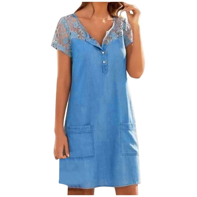 Vestido de manga corta de denim para mujer: paneles de encaje bordados, corte en A, cintura ajustable para el verano