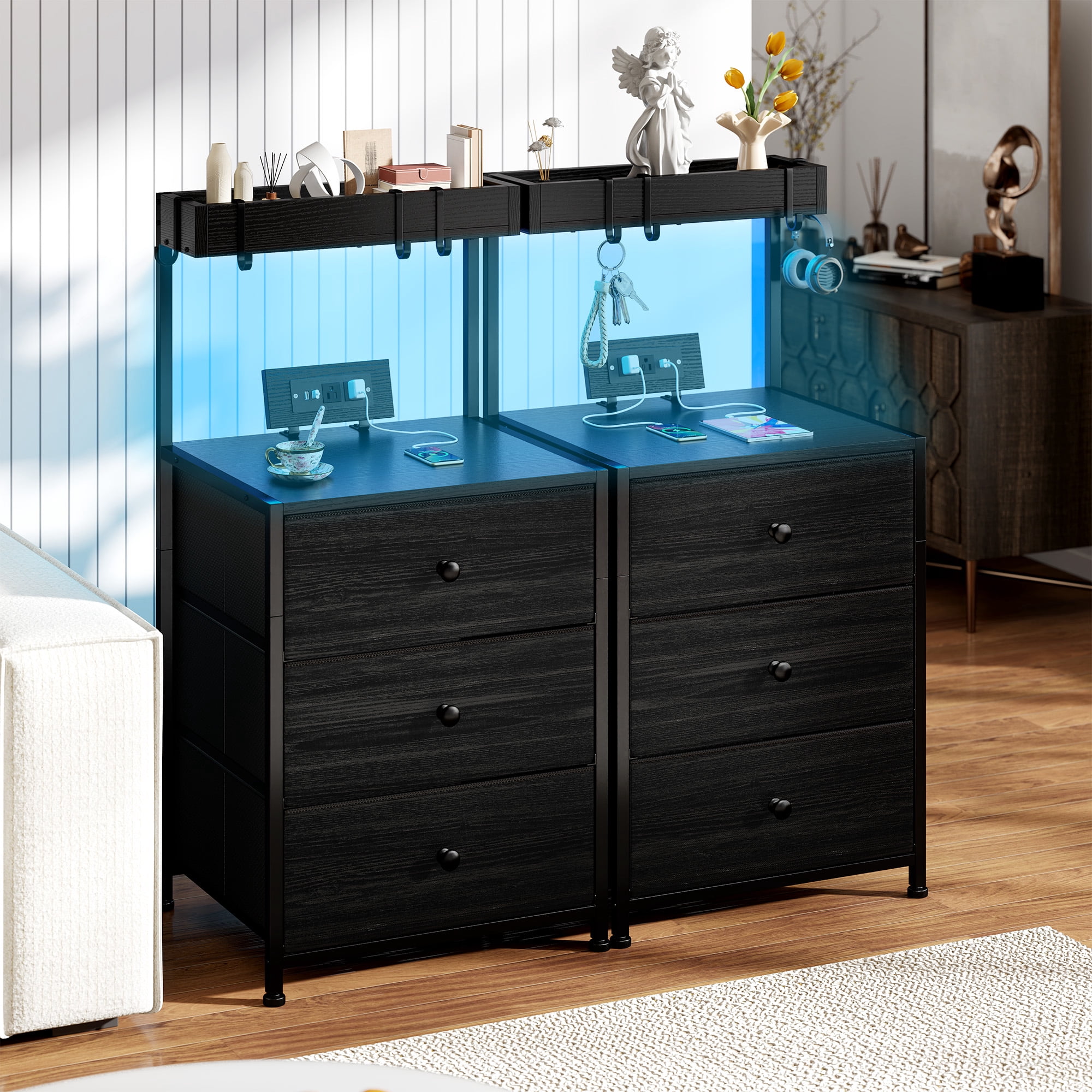 Romorgniz Set of 2 Tall Nightstands with Charging Station,LED Lights,3 Drawers & 4 Hooks,Bedside Tables with Outlets for Bedroom,Black