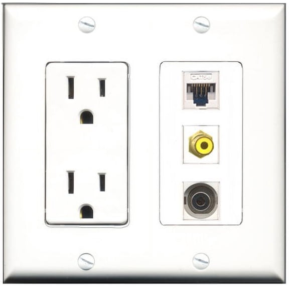 RiteAV - 15 Amp Power Outlet 1 Port RCA Yellow 1 Port 3.5mm 1 Port Cat5e Ethernet White Decorative Wall Plate