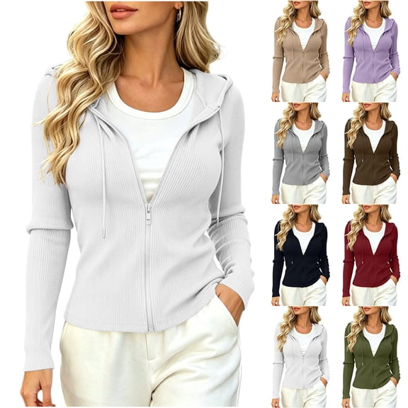 Women Ribbed Knit Zip Up Hoodie Slim Cropped Long Sleeve Drawstring Hooded Jacket Solid Color Fitted Casual Cardigan for Fall Winter