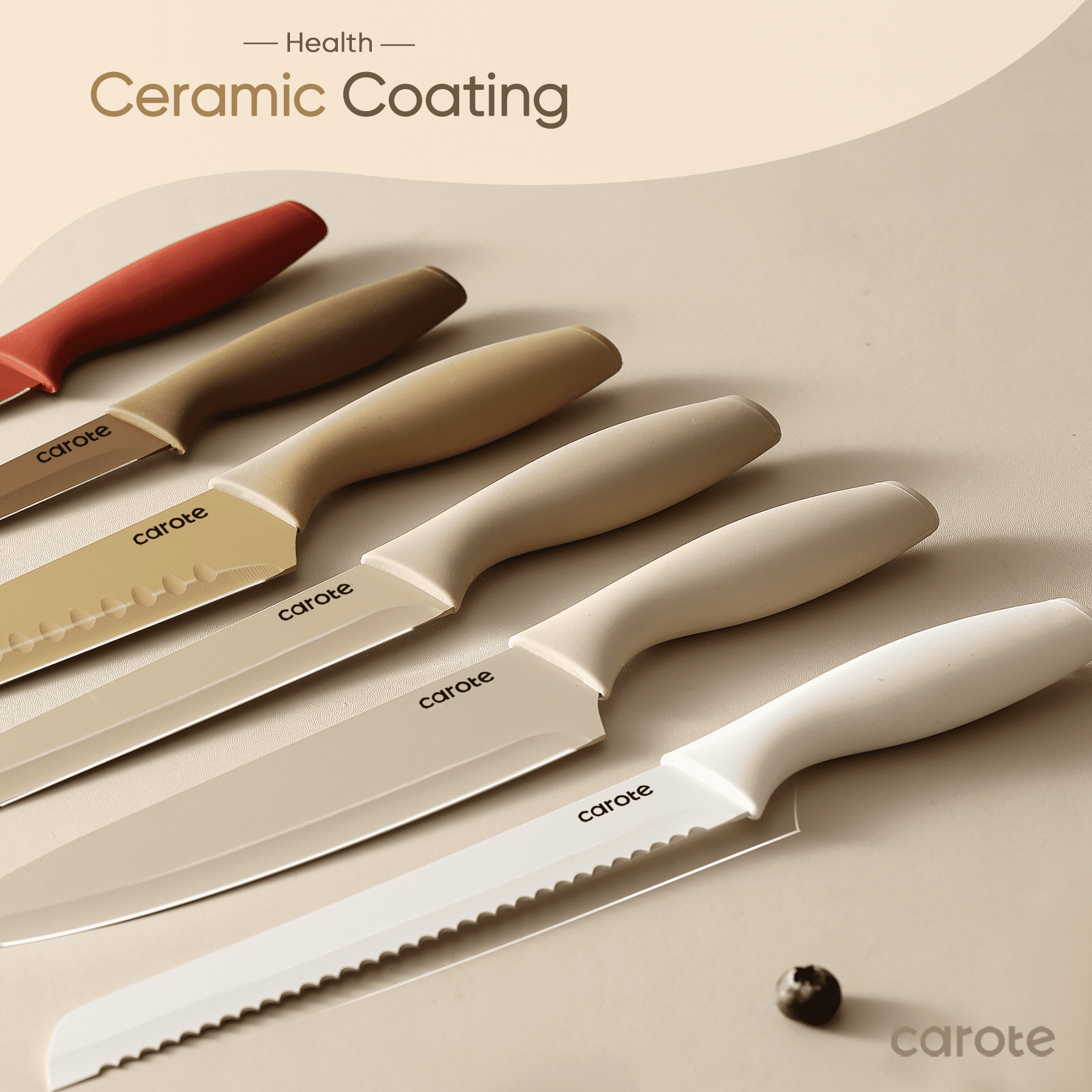 Carote 12 Pcs Kitchen Knife Set Stainless Steel Knife Set with Creamic Coating Taupe
