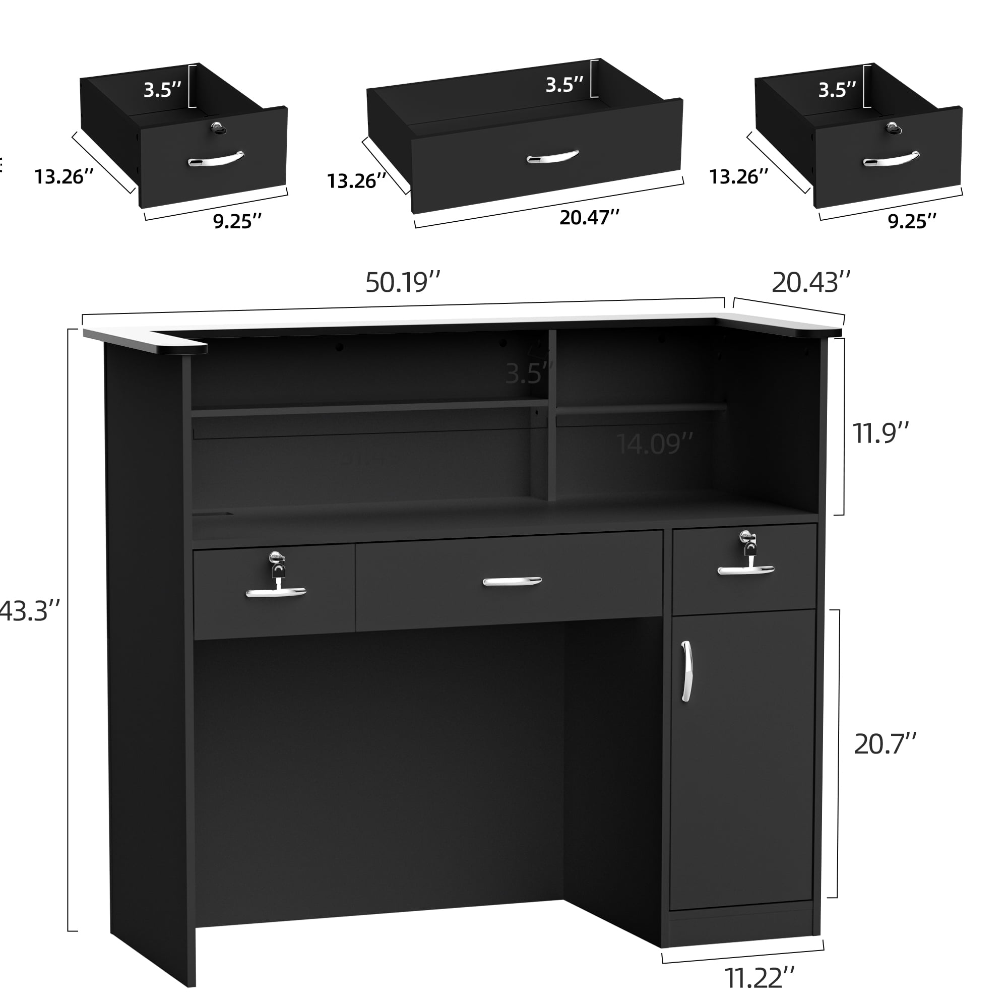 AHB 50-inch Reception Desk with Counter, Front Desk Office Desk with Storage Shelves & LED Lights, Black
