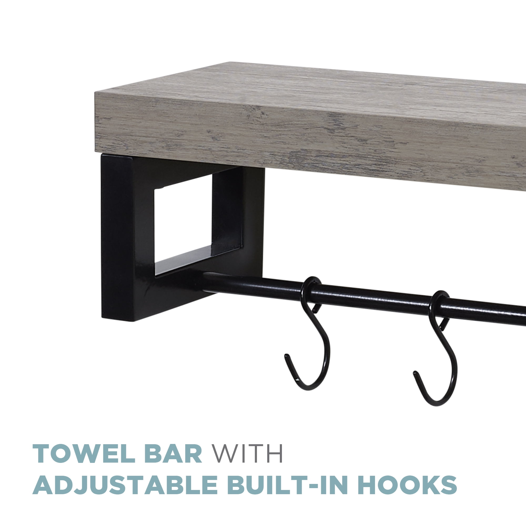 Kitchen Wall Shelf with Towel Bar and 8 Removable Hooks Carbonized Bla