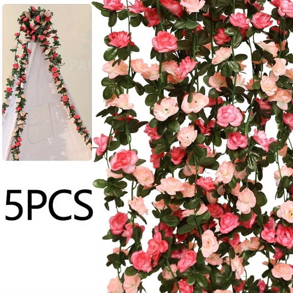 Hanging Flower Garland 5pcs 41Ft - Artificial Rose Vine for Wedding Decor, Garden Background & Hanging Baskets (Pink)